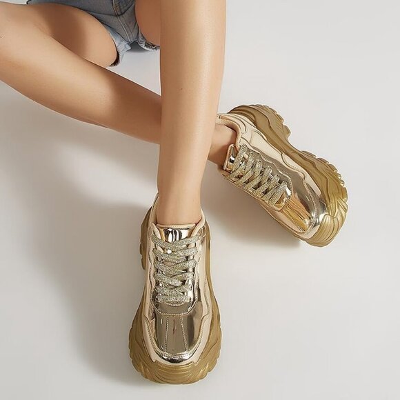 Women Gold Hologram Casual Tennis Lace Up Chunky Sneakers Shoes - Picture 7 of 7